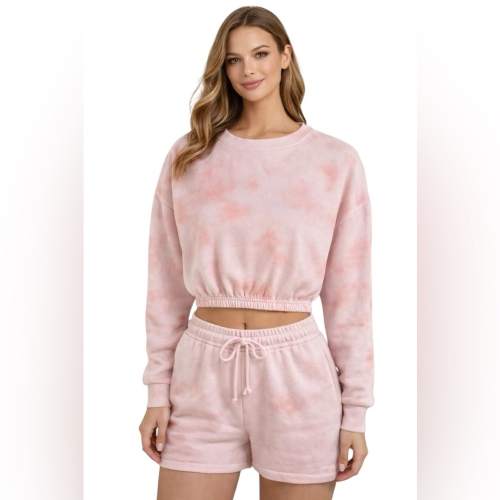 Forever 21 Pink Tie Dye Cropped Sweatshirt Elastic Hem Cozy Size Medium